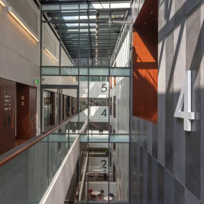 Level 4 corridor in Milton Court with sunlight streaming in through the skylights